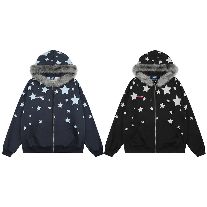 Hoodie mit Sternenprint, Reißverschluss und Kunstfellkapuze – Oversize-Streetwear-Cardigan