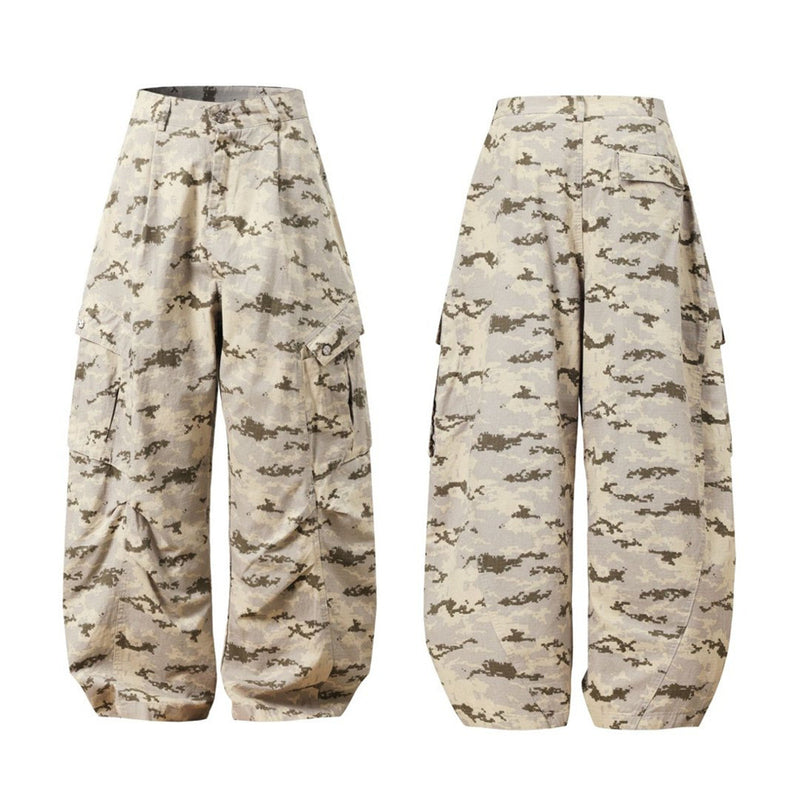 Desert digital camo wide-leg cargo pants front and back view