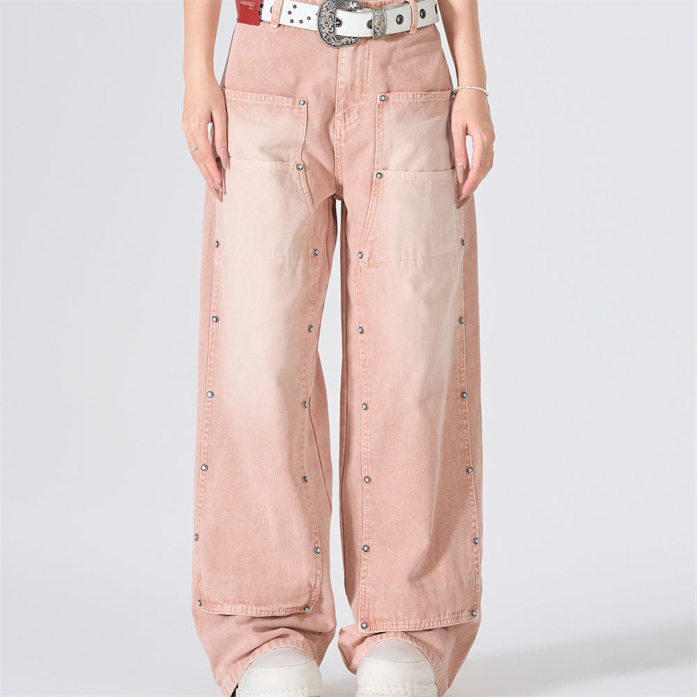 Wide-Leg Carpenter Jeans – Patchwork Studded Pink Washed Denim