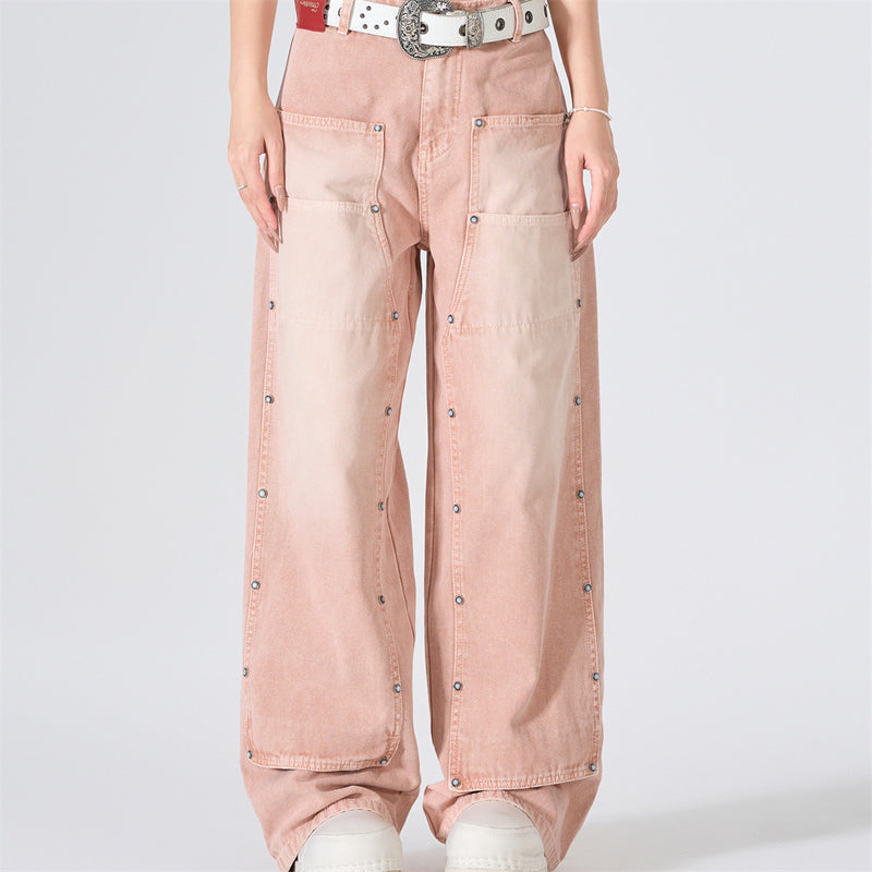 Wide-Leg Carpenter Jeans – Patchwork Studded Pink Washed Denim