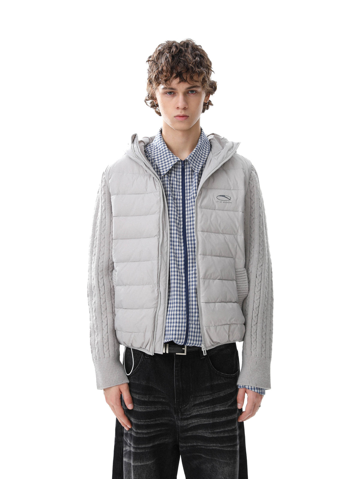 Hooded Puffer Vest Cable-Knit Sleeve Down Jacket – Retro Spliced Outerwear