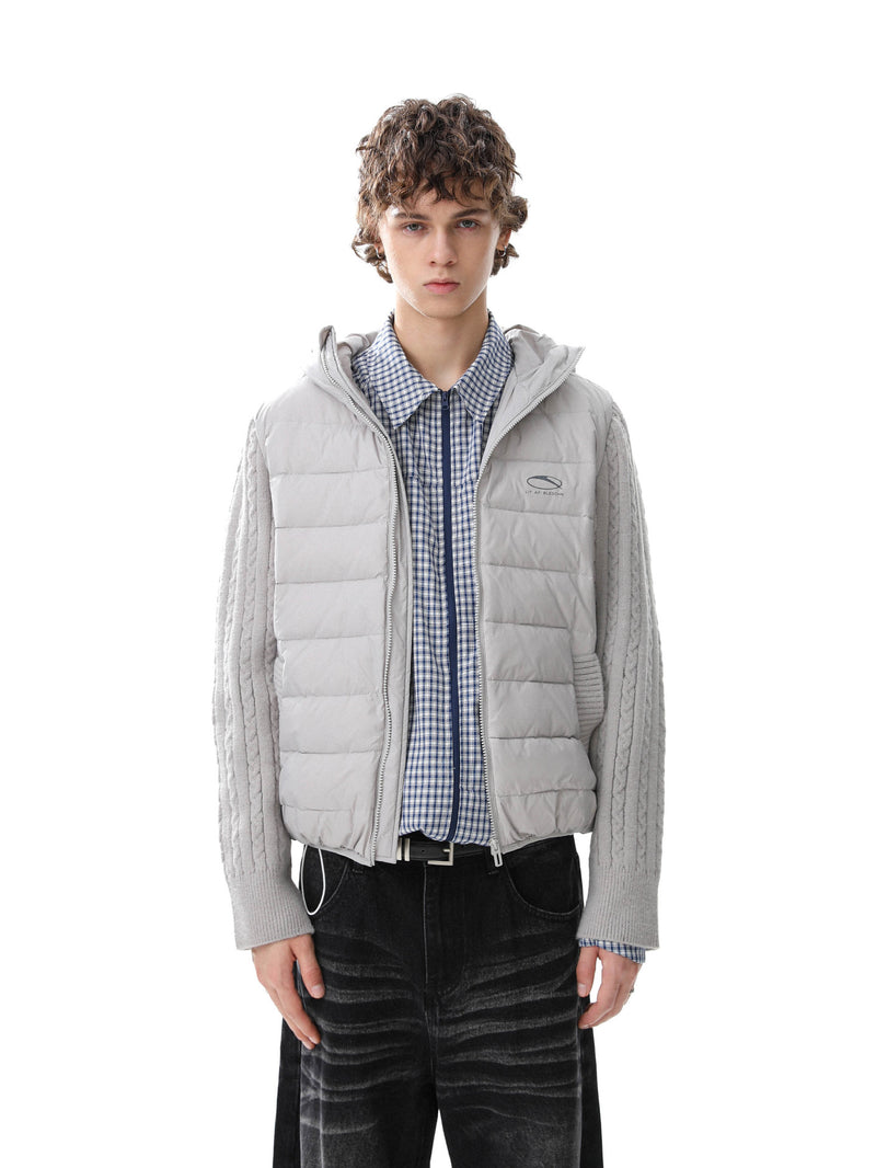 Hooded Puffer Vest Cable-Knit Sleeve Down Jacket – Retro Spliced Outerwear