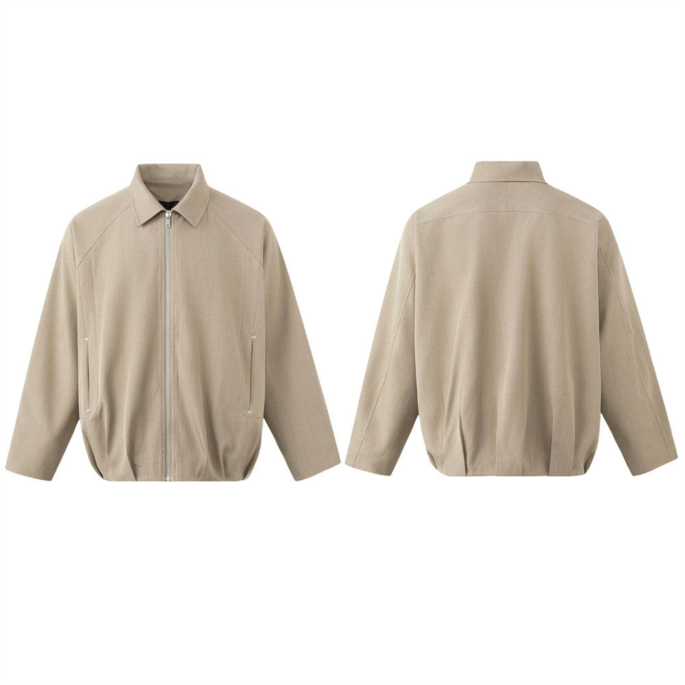 Oversized khaki zip-up harrington jacket with pleated hem and raglan seams, front and back view
