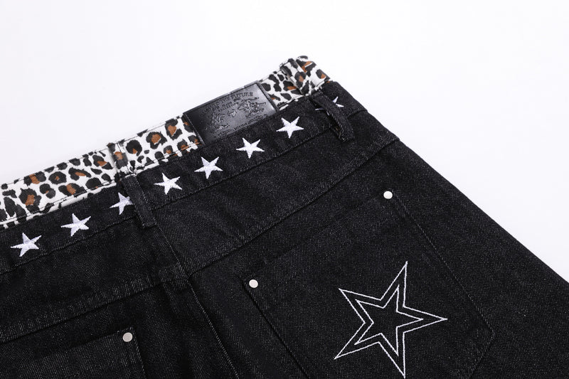 Baggy Wide-Leg Jeans with Star Embroidery & Leopard Waistband – Black