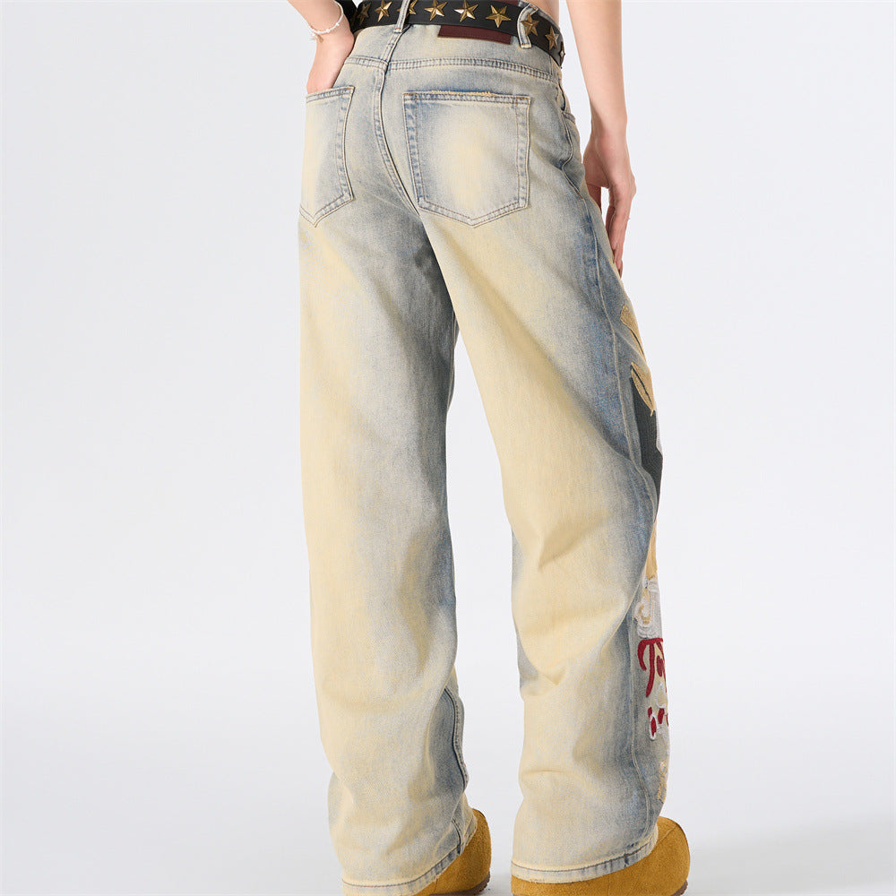 Graffiti Embroidered Wide-Leg Jeans – Punk Distressed Vintage Denim