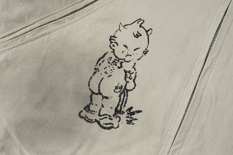 Veste zippée à imprimé graphique avec col en velours côtelé – Streetwear vintage délavé