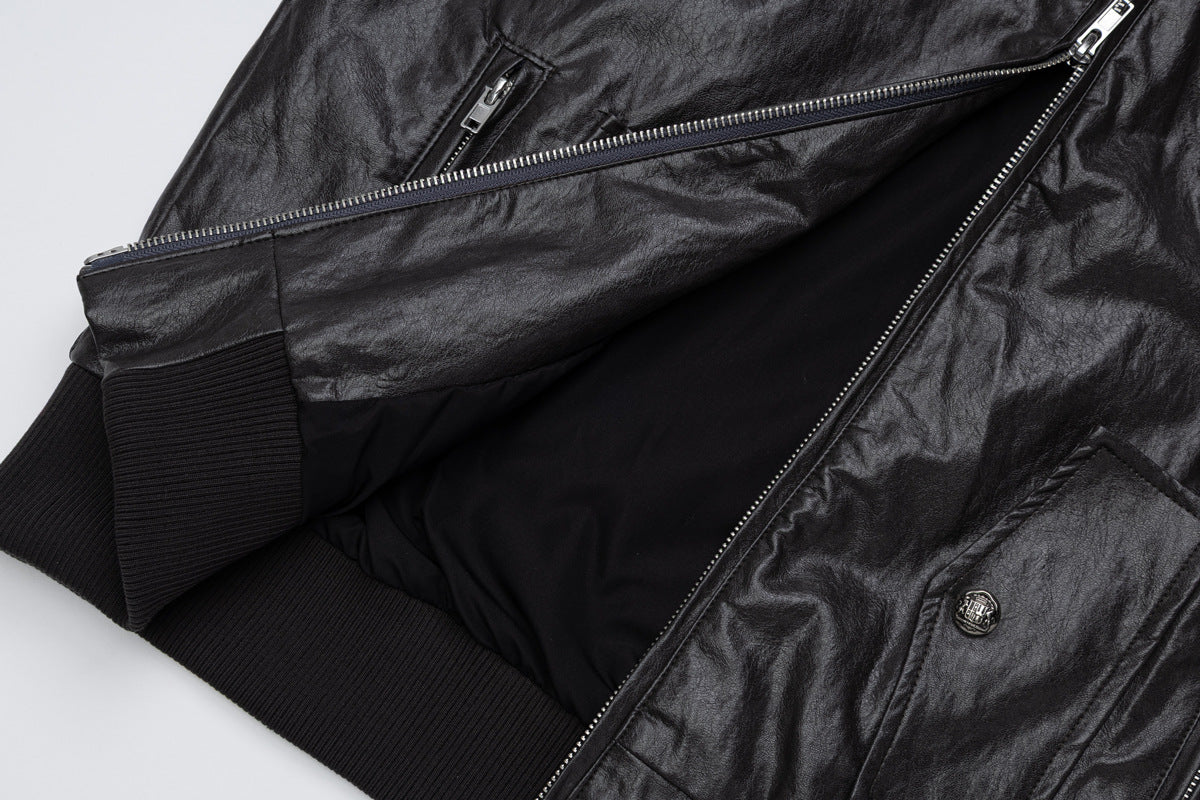 Blouson bomber en similicuir PU brodé – Style vintage racing et flight américain