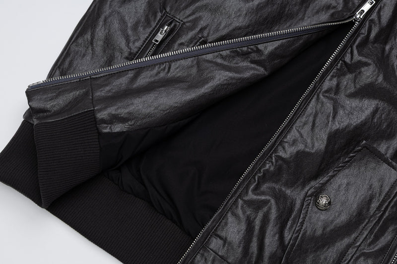 Blouson bomber en similicuir PU brodé – Style vintage racing et flight américain