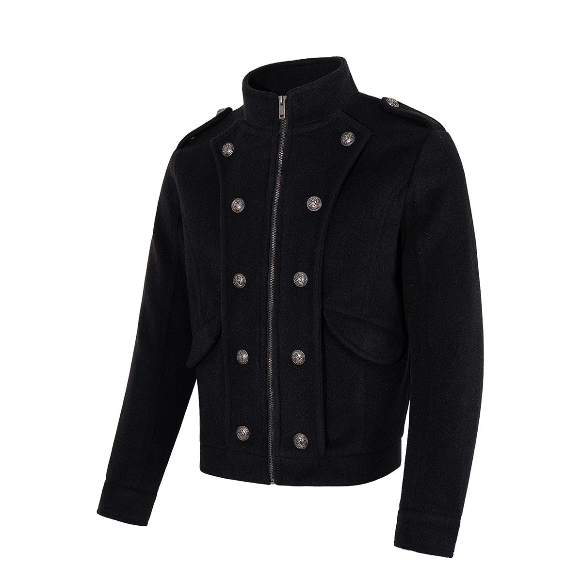 Veste militaire en laine pour homme – Noire, croisée, col montant et coupe courte