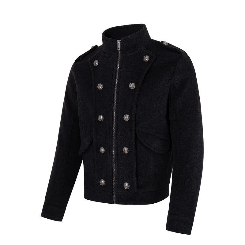 Veste militaire en laine pour homme – Noire, croisée, col montant et coupe courte