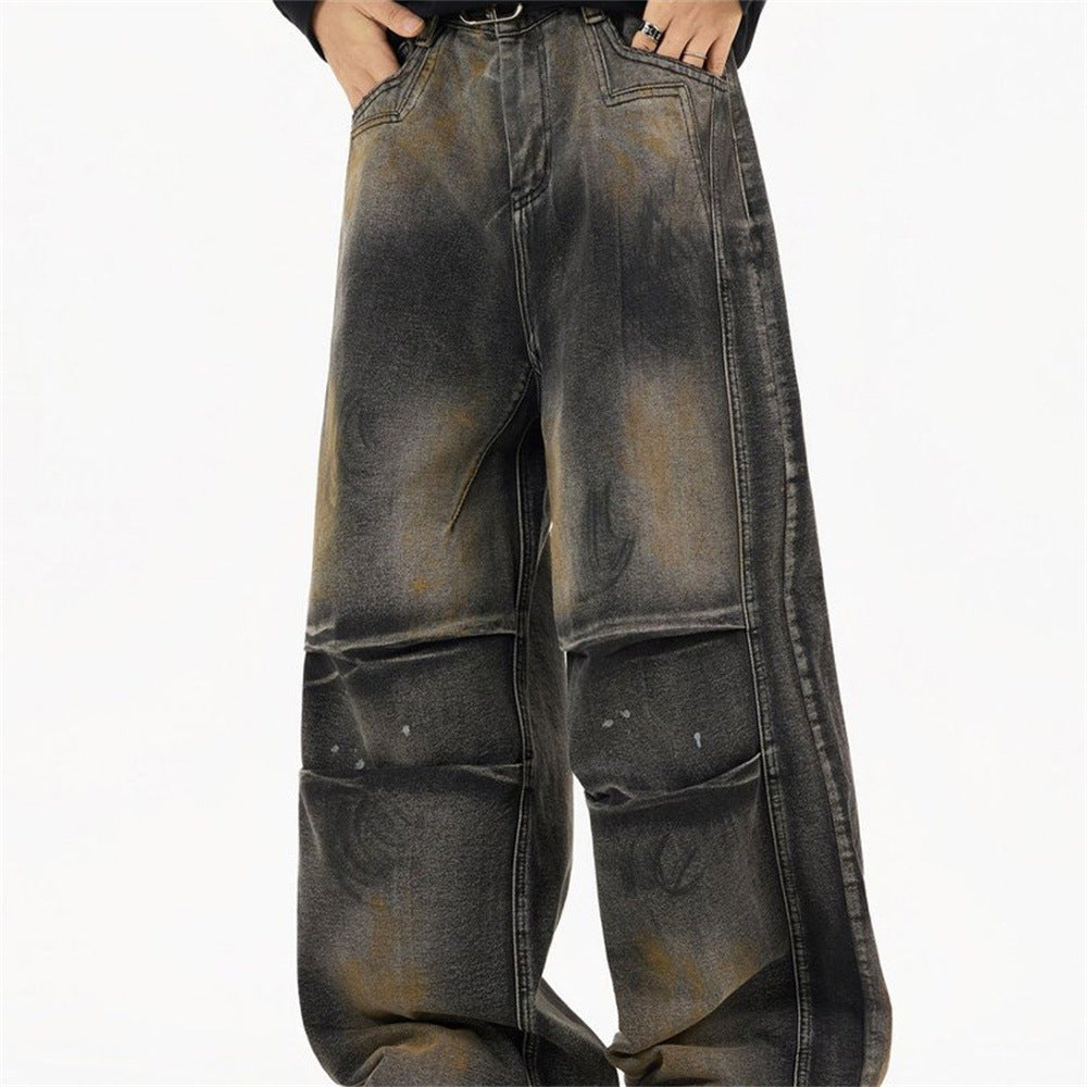 Distressed Baggy Wide-Leg Jeans – Men's Punk Washed Straight-Cut Denim with