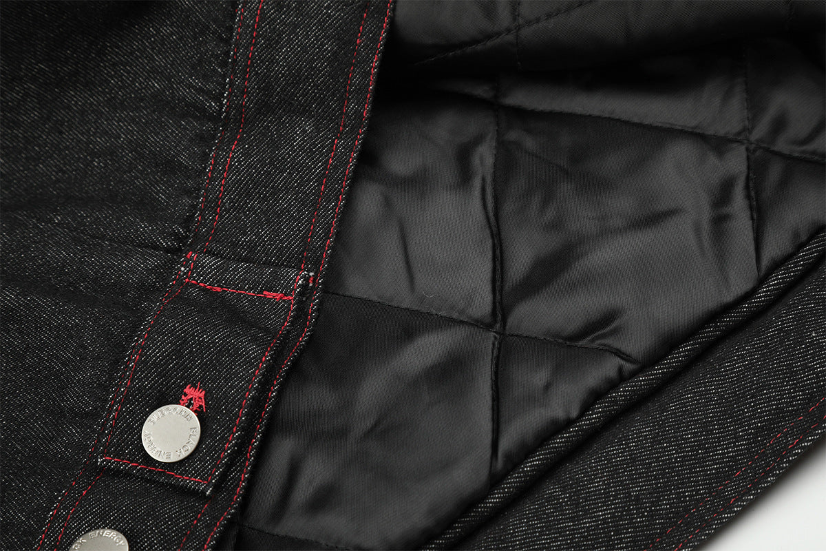 Black Denim Fur Collar Padded Jacket with Red Trim & Snap Buttons