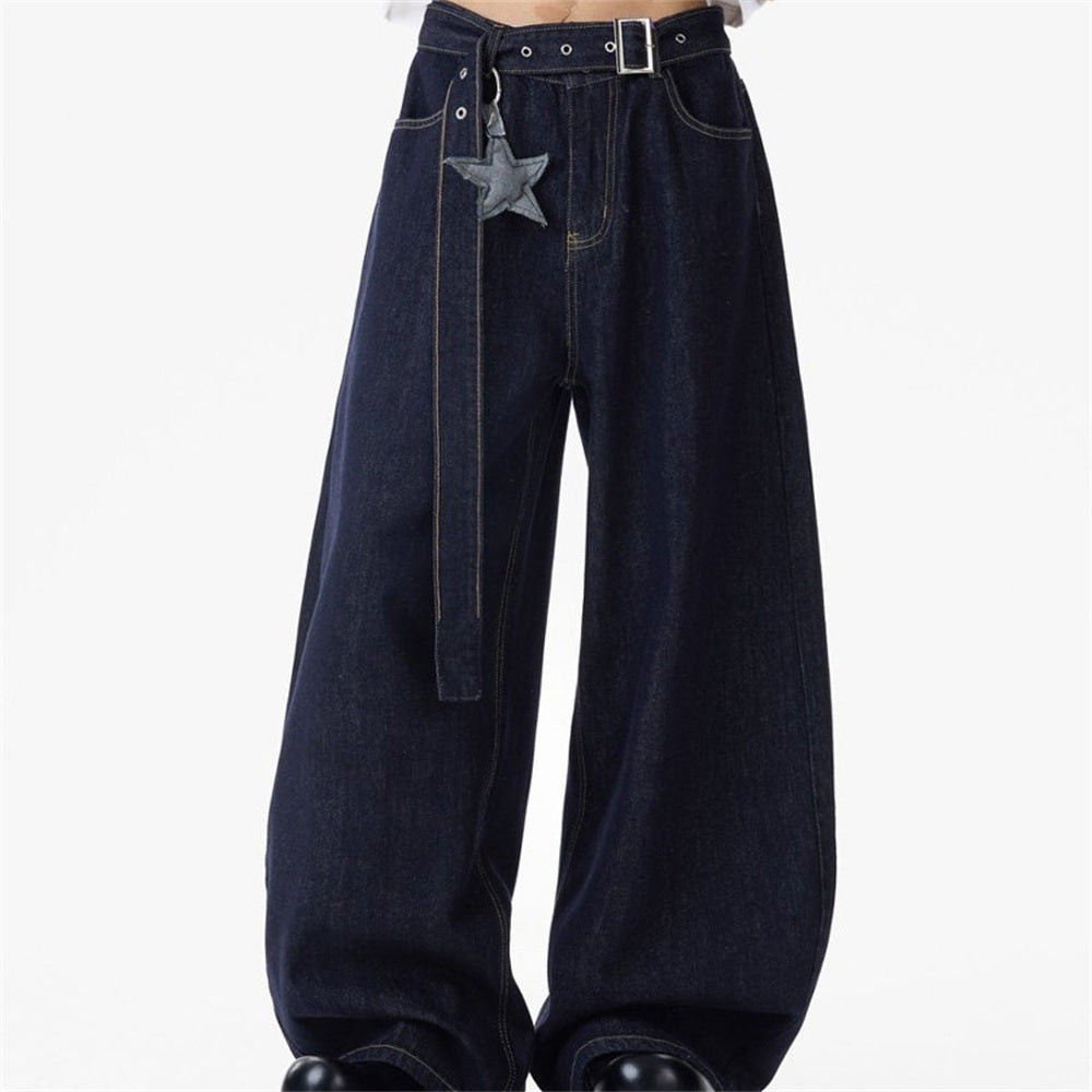Wide-Leg Dark Indigo Jeans – Oversized Silhouette with Star Charm Belt &