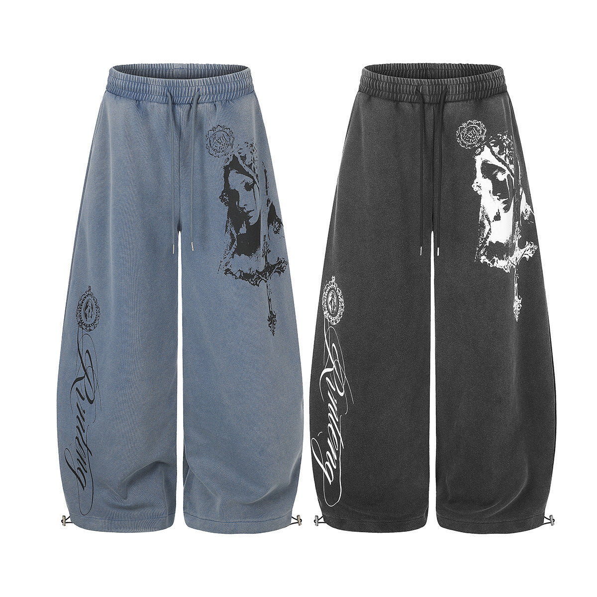 Pantalon de survêtement baggy wide leg avec imprimé gothique Madonna et typographie – Streetwear délavé