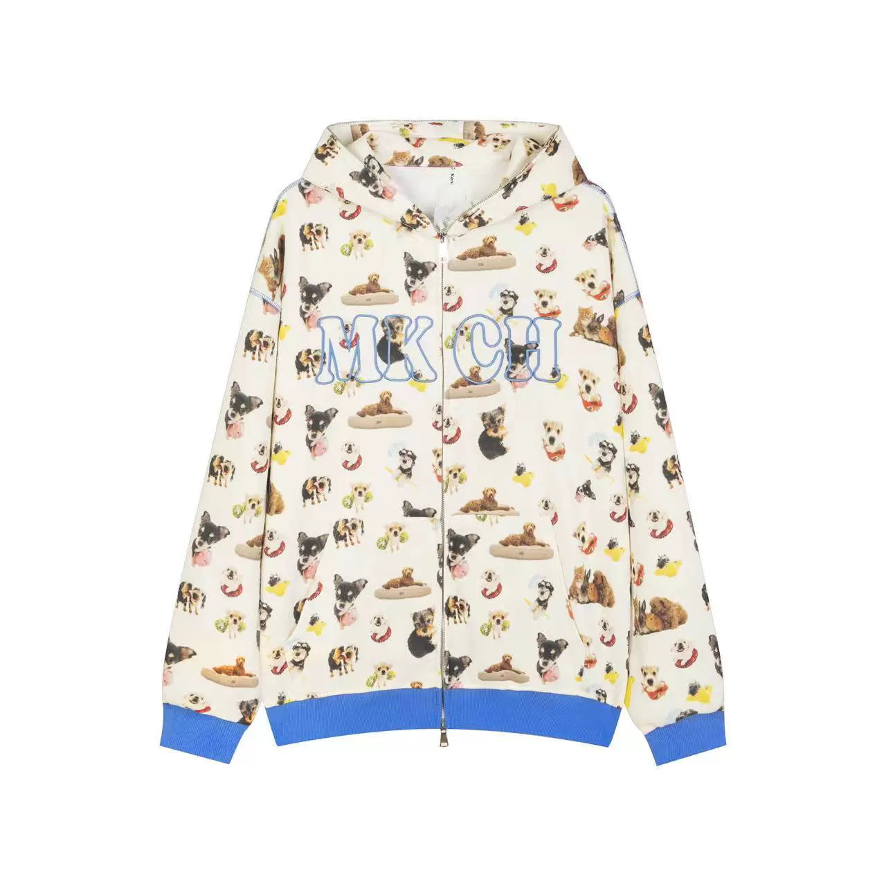 The Seakoff MKCH Dog Print Hoodie is a stylish white zip-up featuring a cute puppy pattern, blue cuffs, and hem. With "MK CH" across the chest, it's ideal for fashion lovers who adore dog-themed apparel.