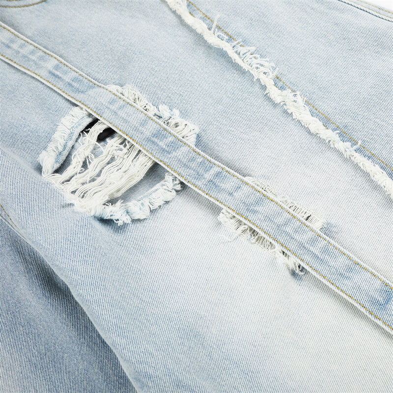 Light Wash Distressed Wide-Leg Jeans – Deconstructed Raw Edge Streetwear Denim