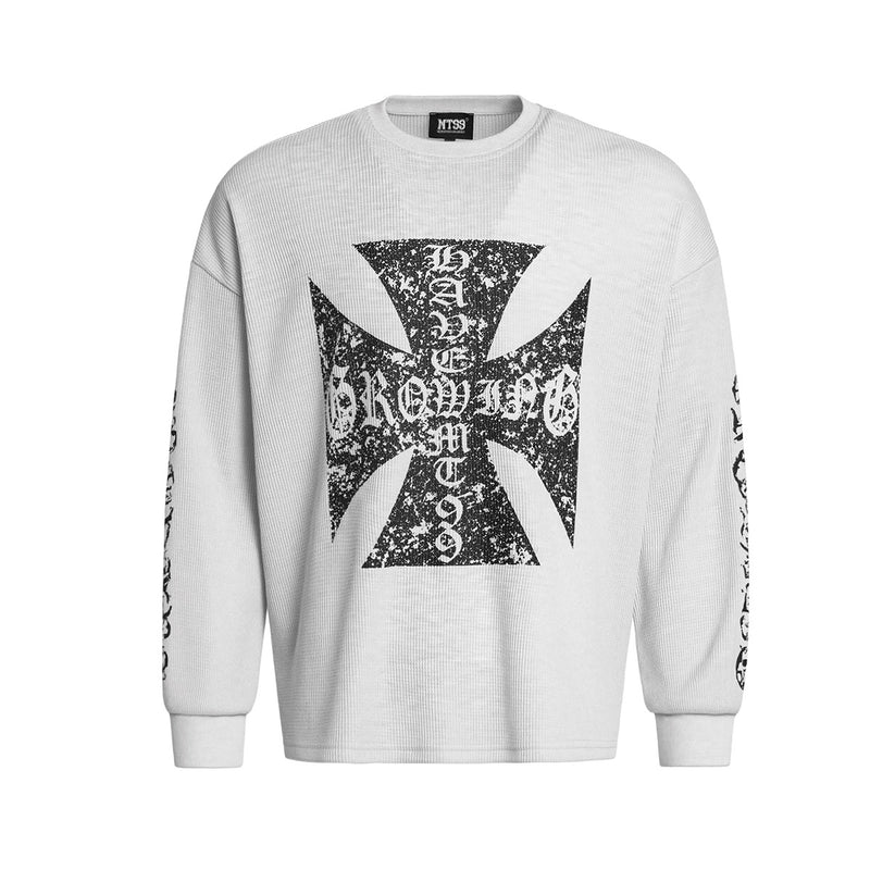 Langarmshirt aus Waffelstrick mit Eisenkreuz-Print – American Street-Rock-Style