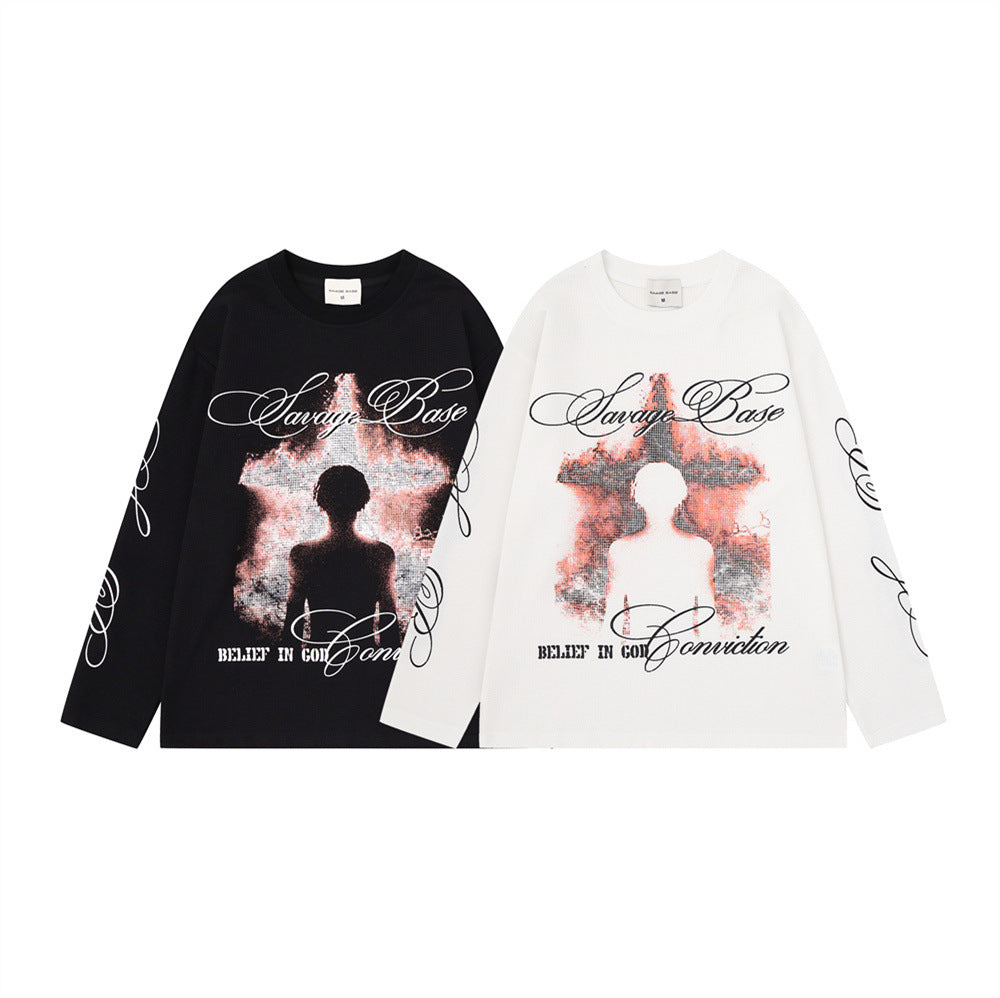 Savage Base Silhouette Graphic Long Sleeve Tee – Oversized Waffle Knit Crew Neck