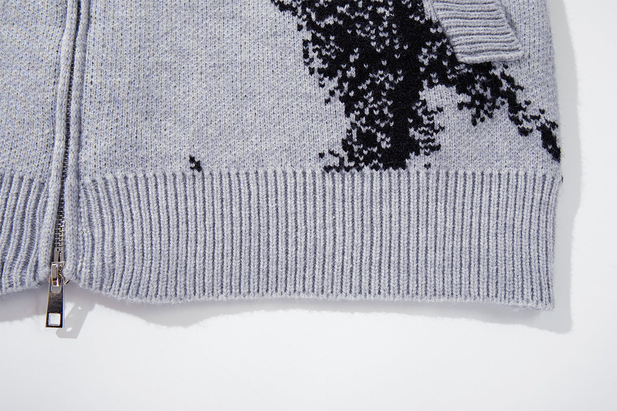 Abstract Bear Jacquard Knit Zip-Up Cardigan Sweater – Oversized High-Street