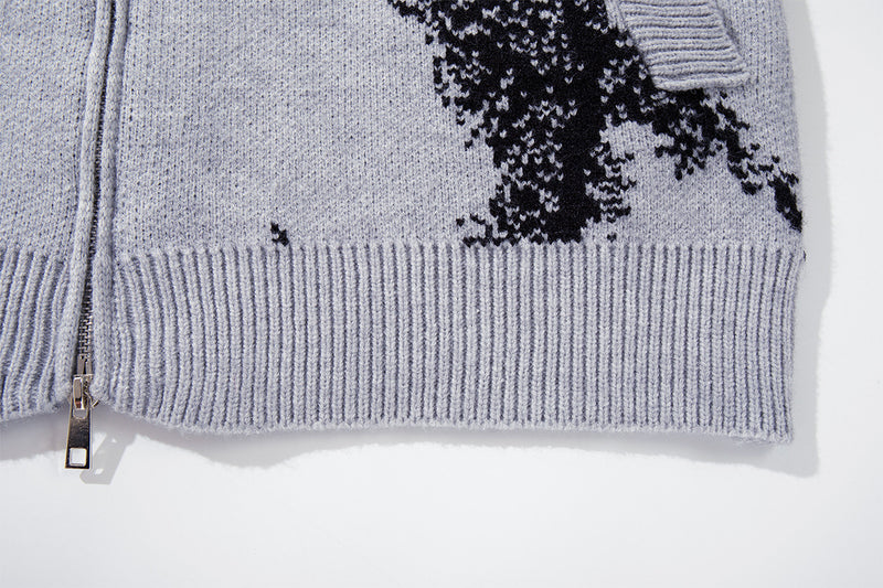 Abstract Bear Jacquard Knit Zip-Up Cardigan Sweater – Oversized High-Street