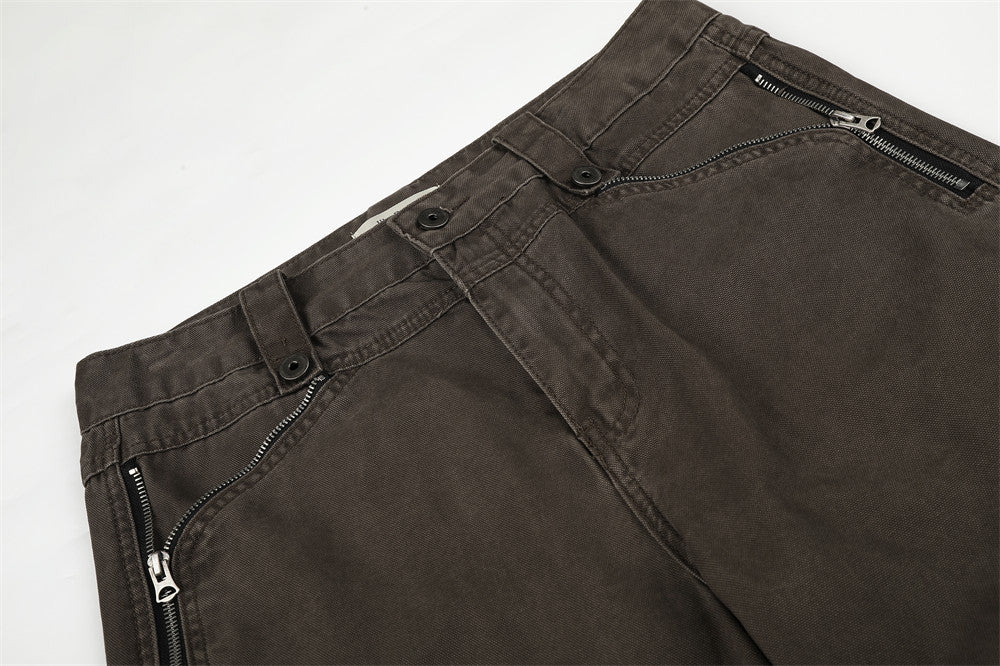 Wide-Leg Zip Pocket Pants – Vintage Washed Flare Trousers
