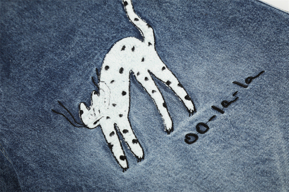 Cartoon Cat Embroidered Denim Shorts – Men's Wide Leg Vintage Washed Jean Shorts