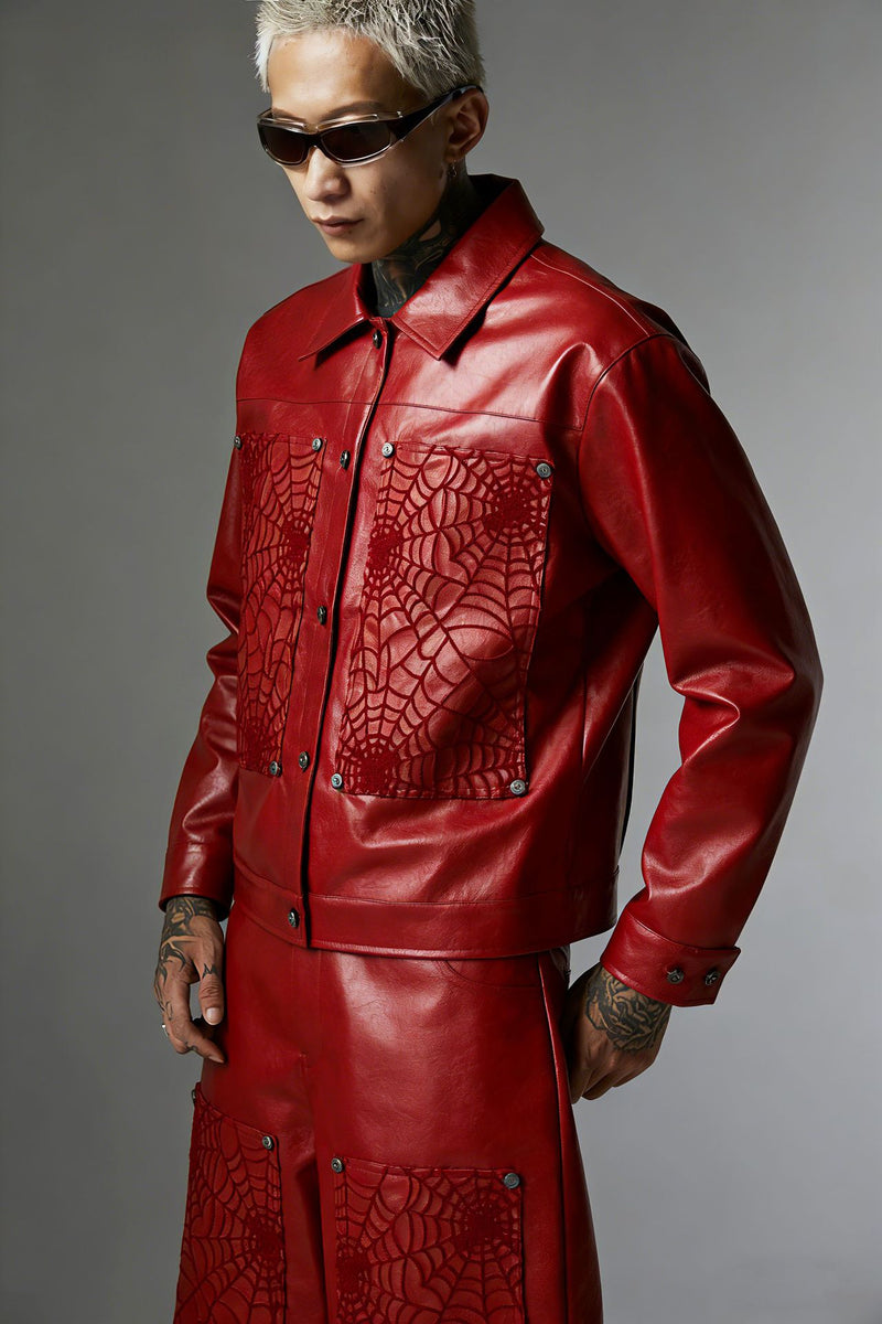 Spiderweb Embroidered PU Leather Jacket – Oversized Moto Fit