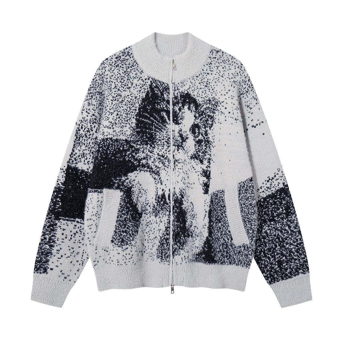 Cat Jacquard Knit Zip-Up Cardigan Sweater – Oversized Pixelated Graphic