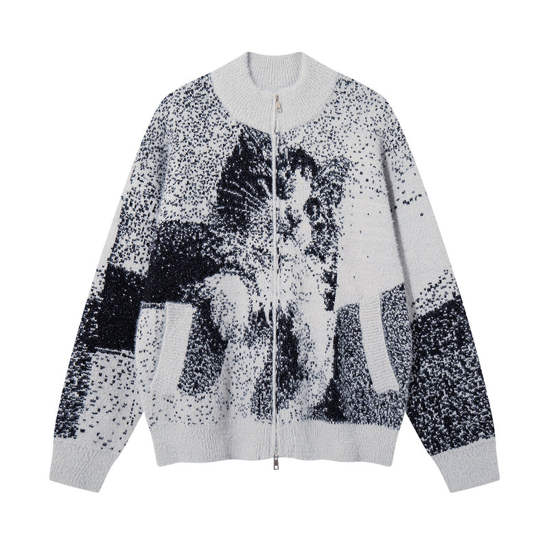 Cat Jacquard Knit Zip-Up Cardigan Sweater – Oversized Pixelated Graphic