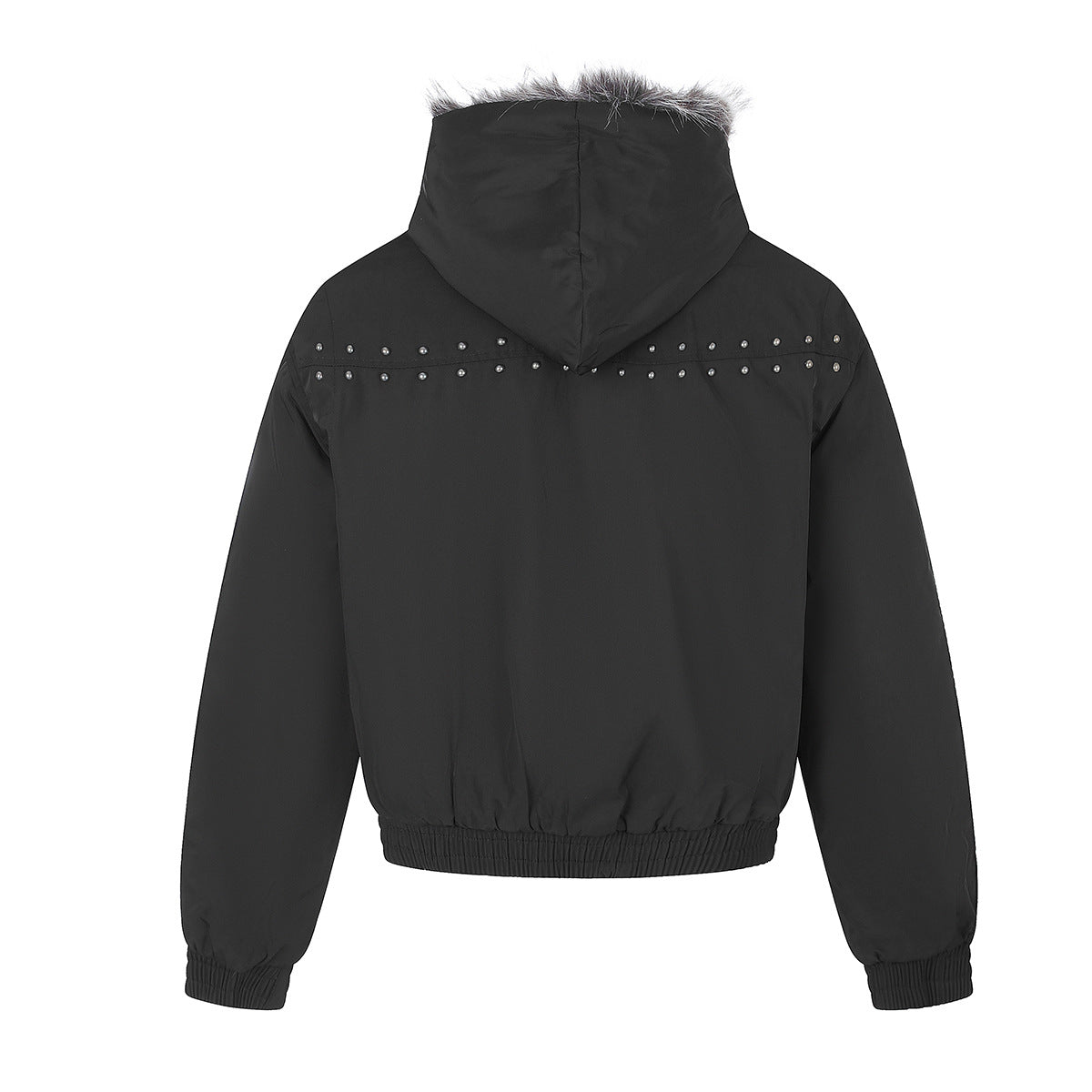 Studded Puffer Bomber Jacket with Faux Fur Hood