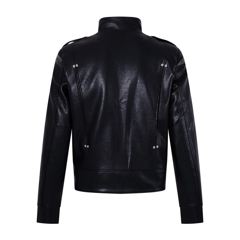 Veste militaire noire pour homme en similicuir PU avec double rangée de boutons argentés