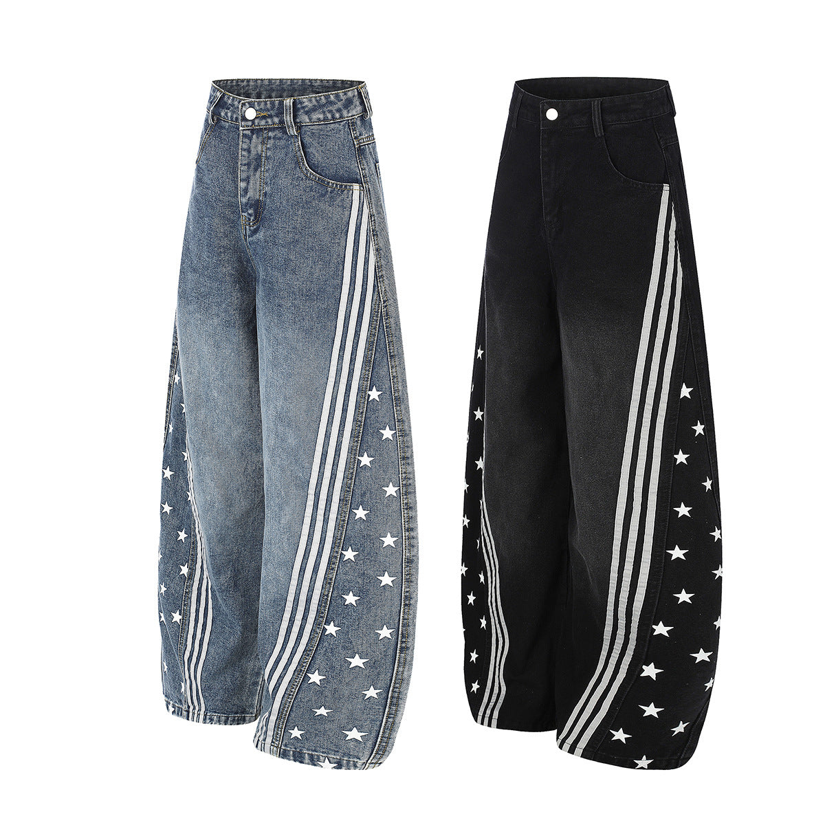 High Waist Baggy Jeans – Star Print Wide-Leg Denim with Triple Stripe Detail