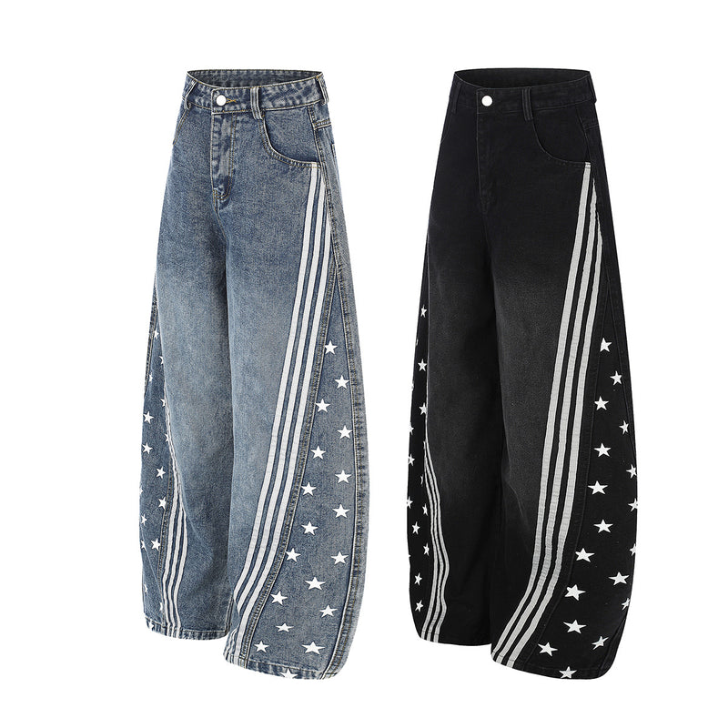 High Waist Baggy Jeans – Star Print Wide-Leg Denim with Triple Stripe Detail