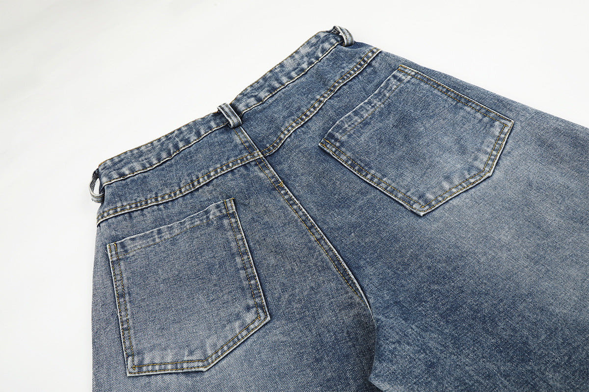 High Waist Baggy Jeans – Star Print Wide-Leg Denim with Triple Stripe Detail