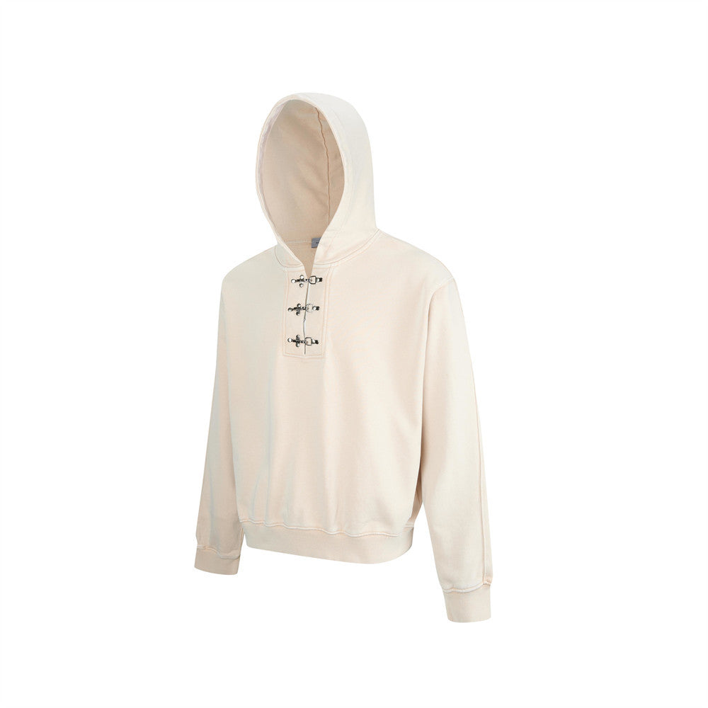 Men's Metal Clasp Pullover Hoodie – Oversized Washed Fleece Sweatshirt