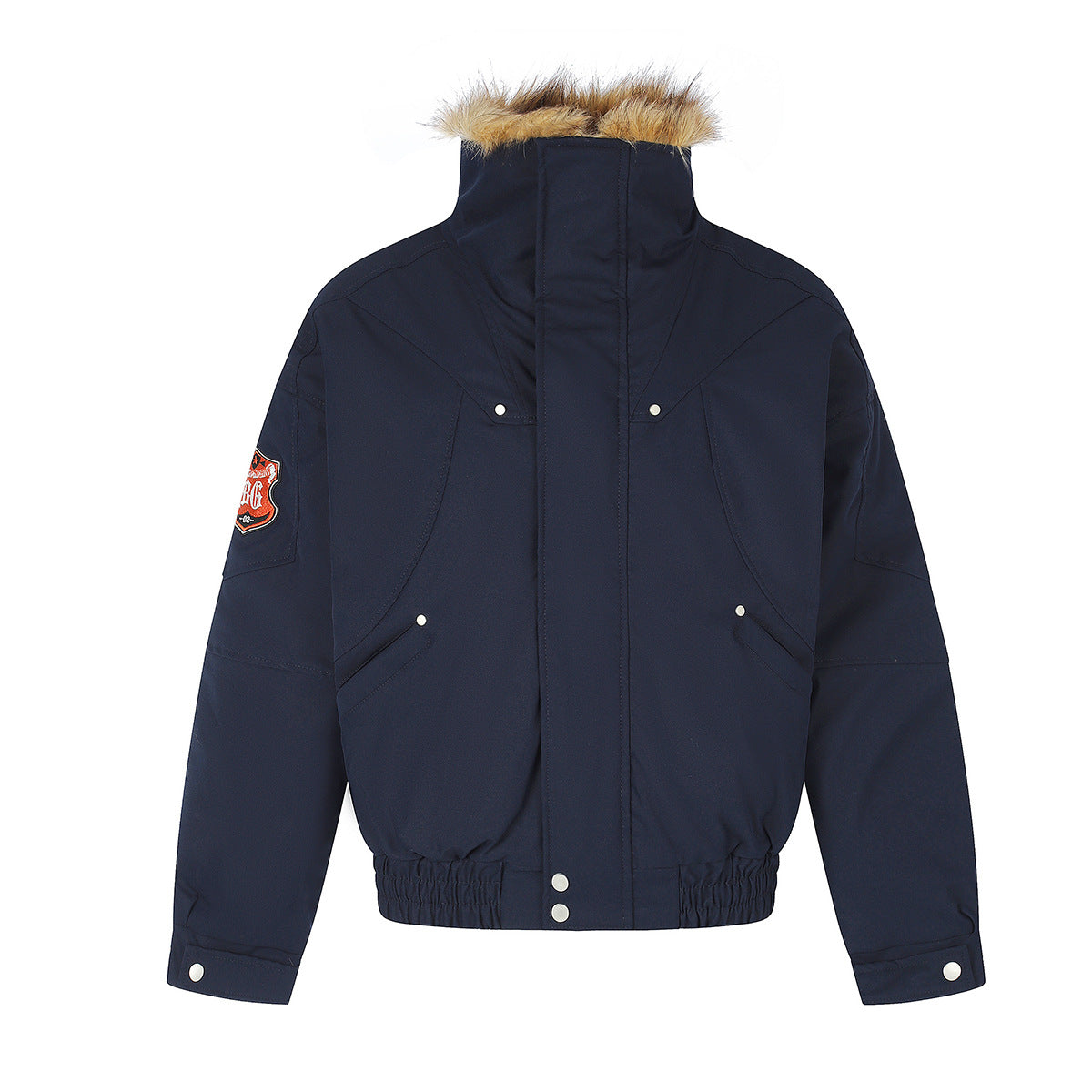 Chaqueta bomber acolchada de hombre con cuello de pelo sintético, en azul marino y burdeos, con costuras diagonales de paneles y parche de insignia bordado