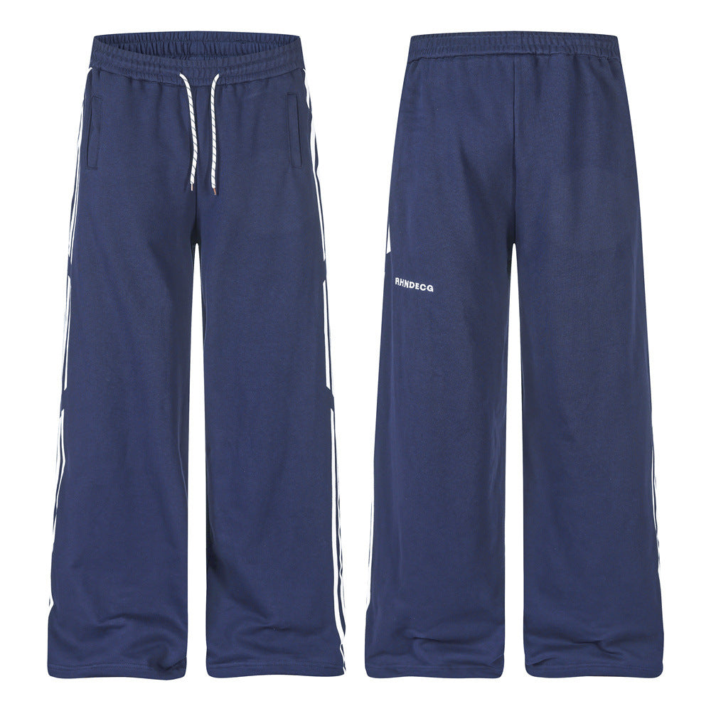 Wide-Leg Track Pants – Navy Blue with Contrast Side Stripes