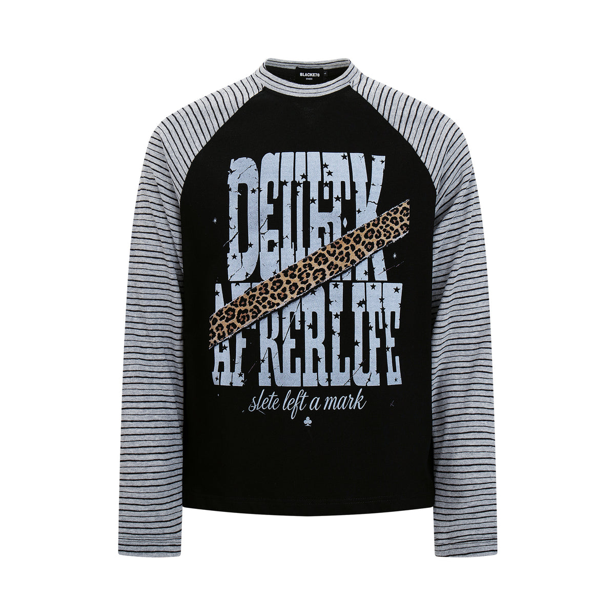 Black long sleeve raglan shirt with grey striped sleeves and distressed leopard-print graphic on chest