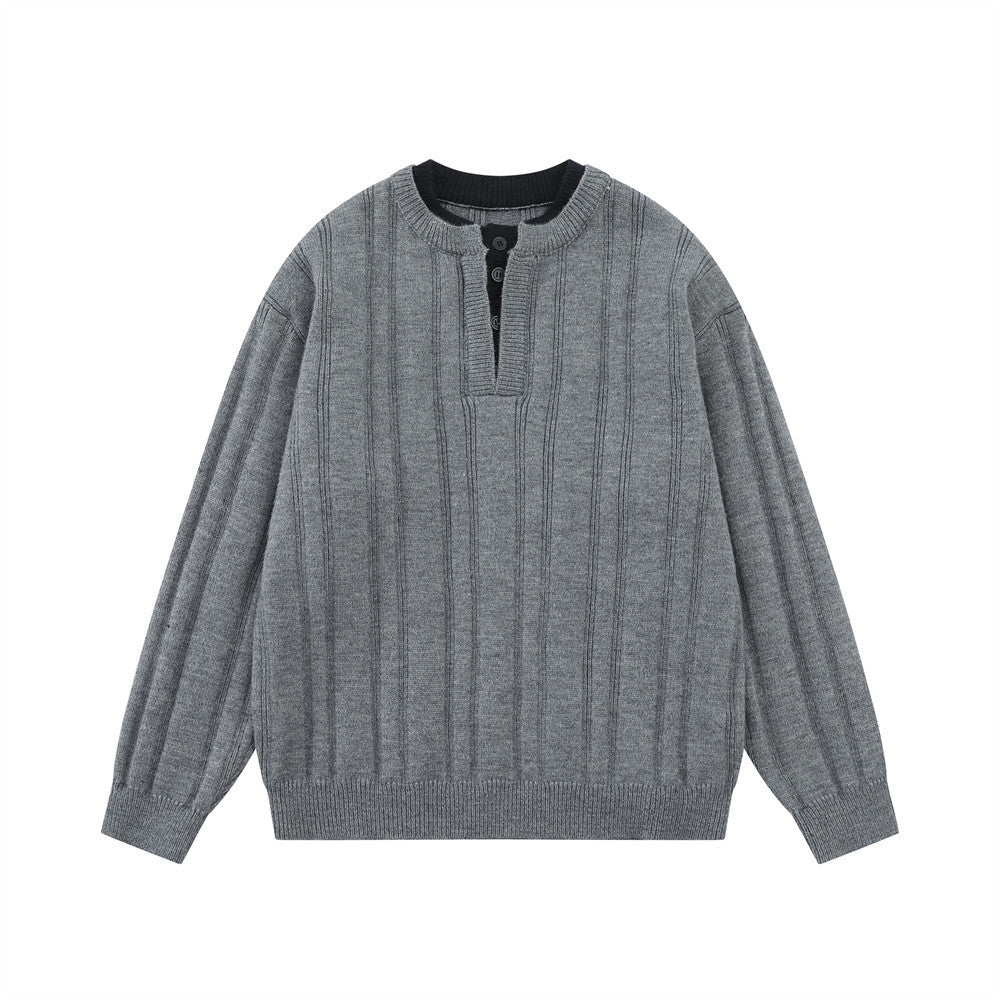 Pull homme en maille côtelée à col tunisien – Coupe oversize décontractée