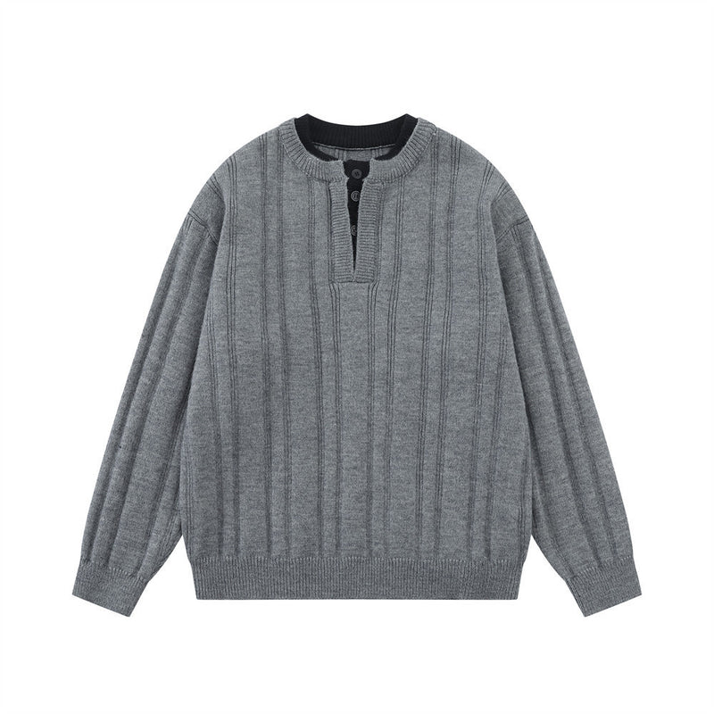 Pull homme en maille côtelée à col tunisien – Coupe oversize décontractée