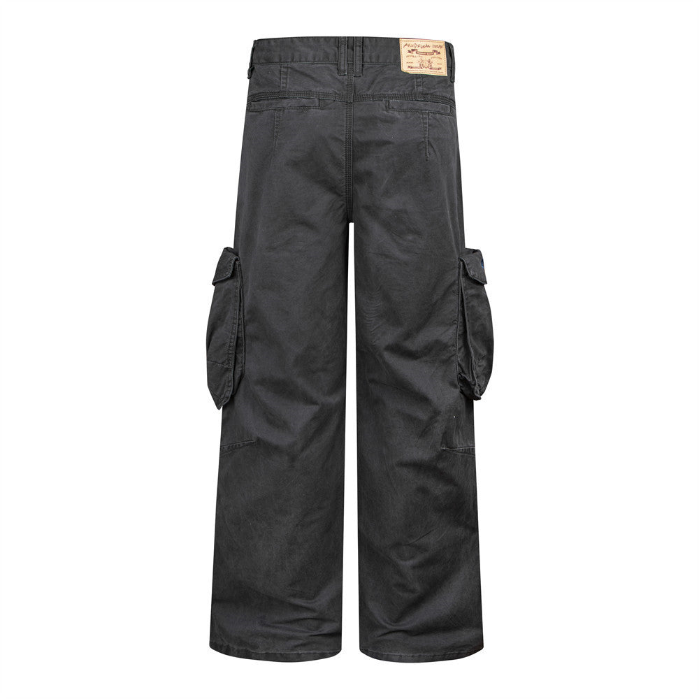 Wide-Leg Cargo Pants with Studded Multi-Pocket Detail in Dark Grey