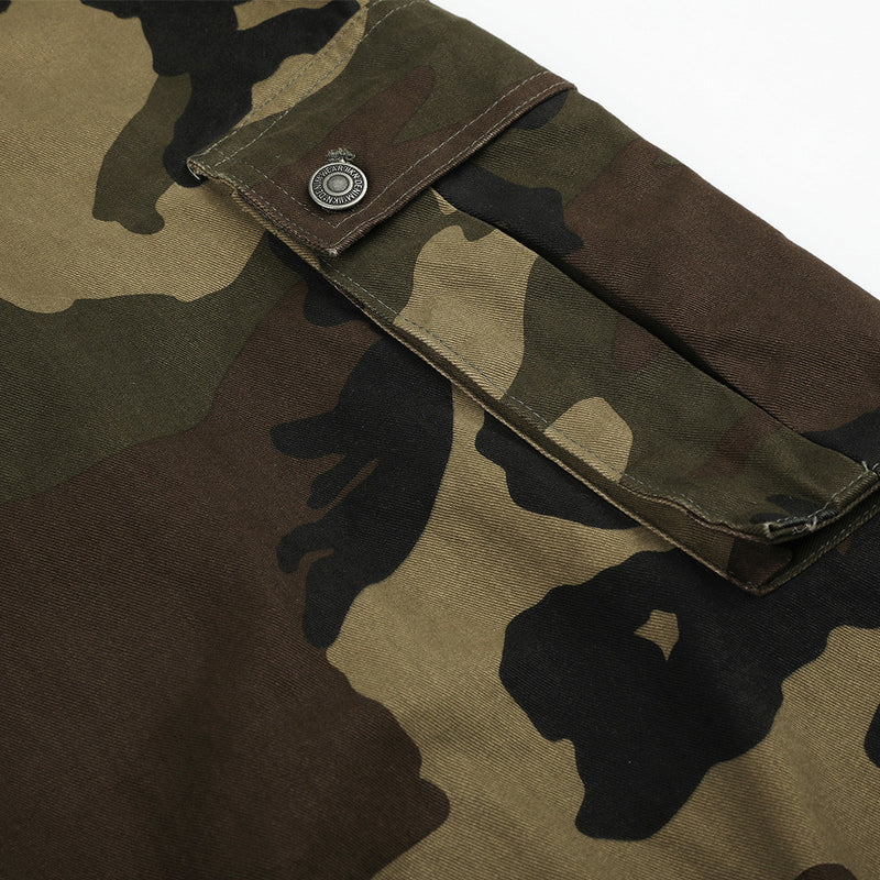Camo Cargo Pants Wide-Leg Multi-Pocket Zip-Hem Trousers