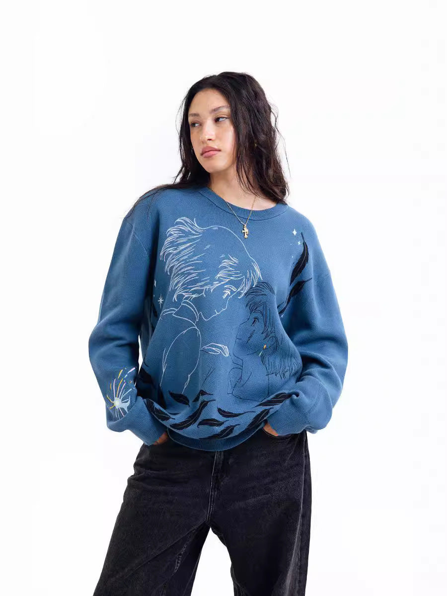 A person with long hair, wearing a Seakoff Premium Howl’s Moving Castle-Inspired Knit Sweater featuring a romantic Howl &amp; Sophie Starry Jacquard Design, pairs it with black jeans. They stand against a white background, subtly nodding to Howl’s Moving Castle.