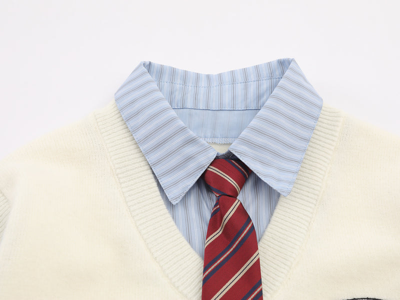 Campus-Style Knit Sweater Vest Layered Shirt with Badge Patch and Striped Tie