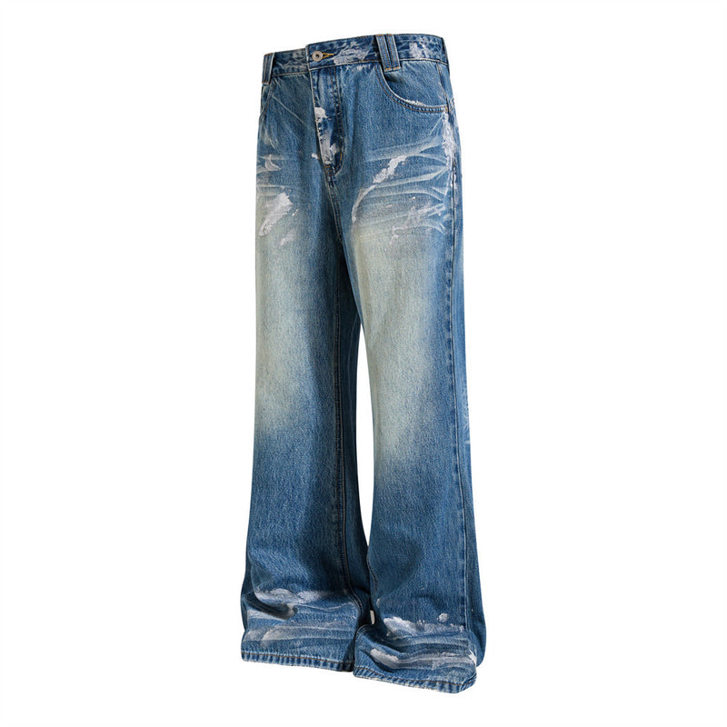 Distressed Flare Jeans – Men's Washed Blue Wide-Leg Denim with Paint Splatter