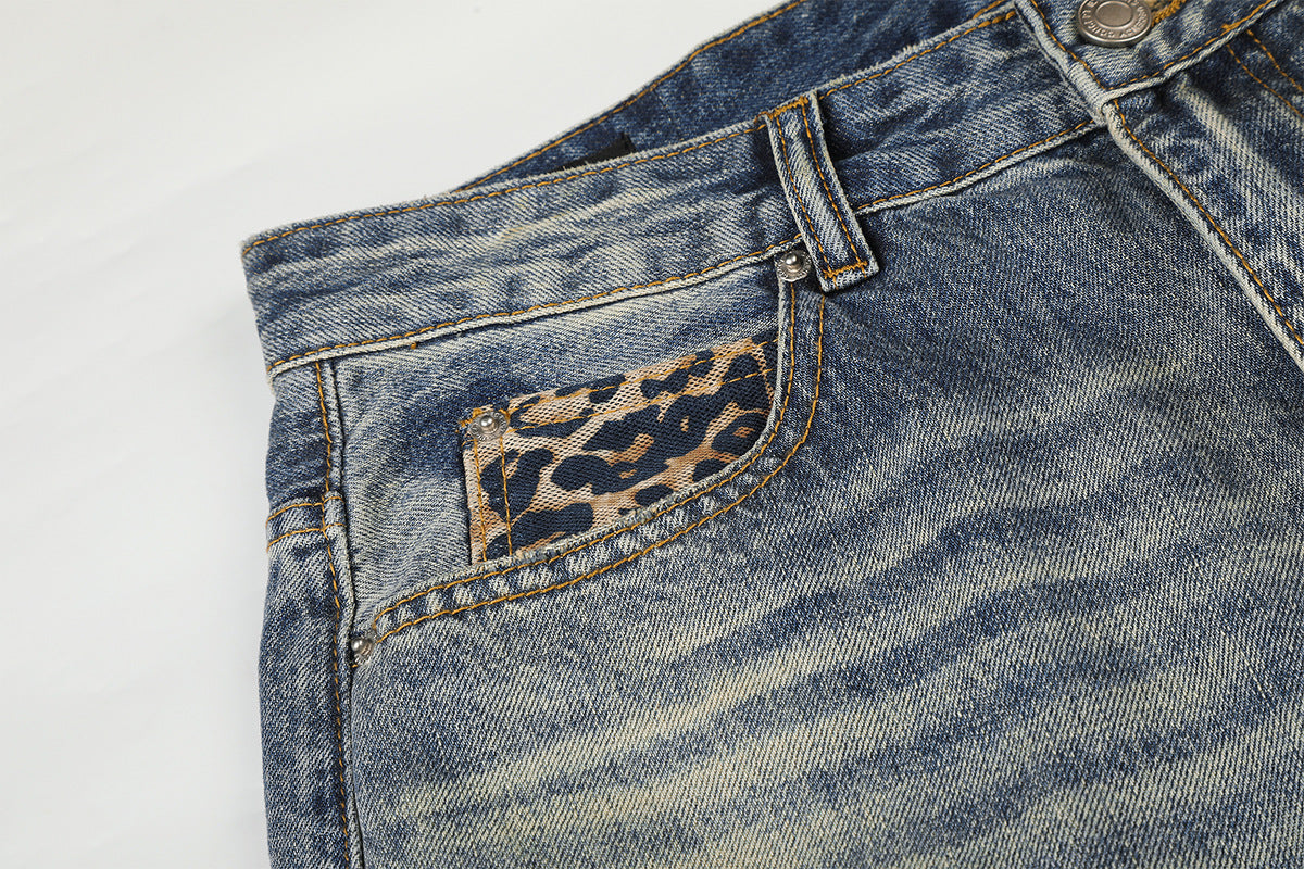 Jean baggy bleu clair à poches léopard – Denim large délavé et déchiré