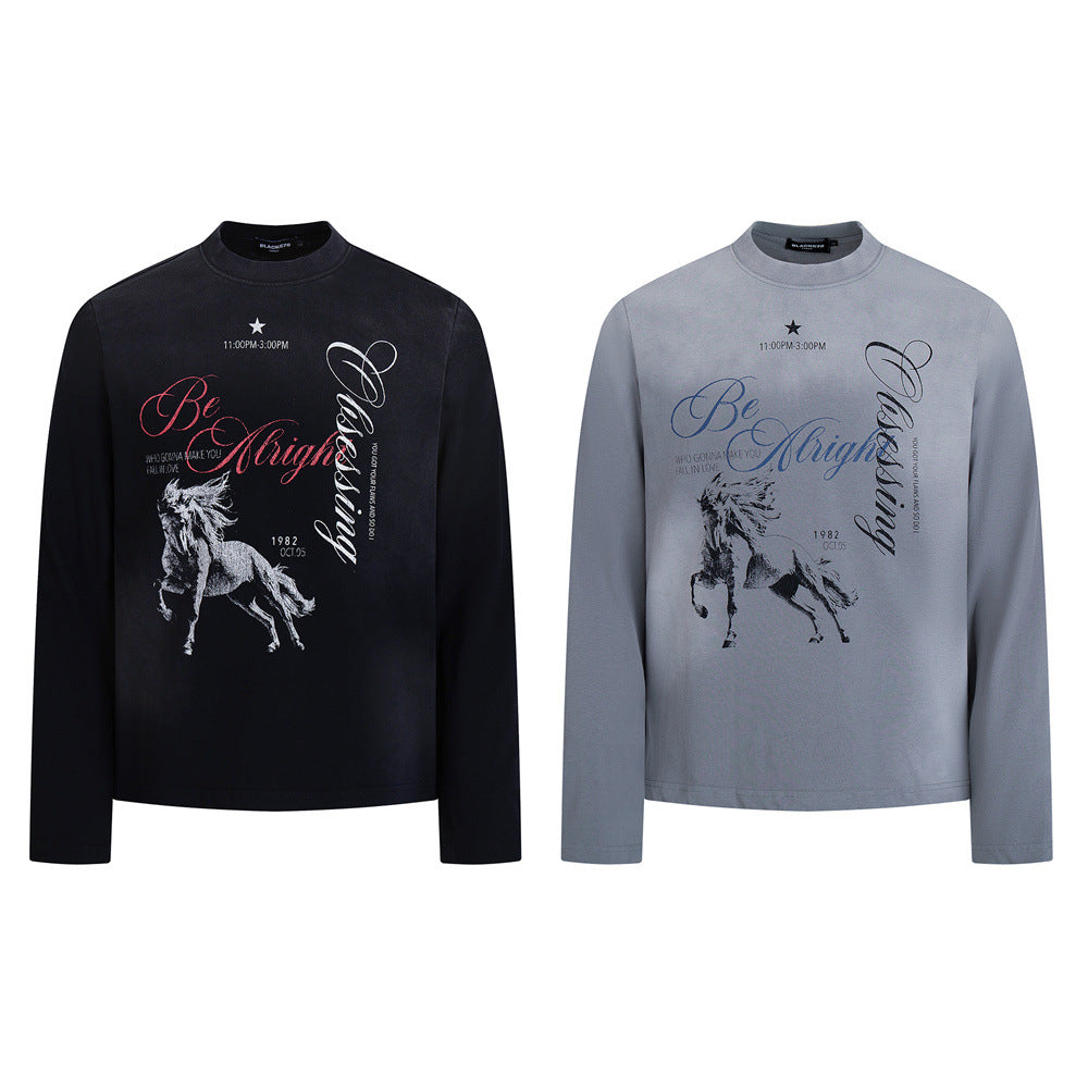Galloping Horse Graphic Long-Sleeve T-Shirt — Vintage Washed Mock-Neck