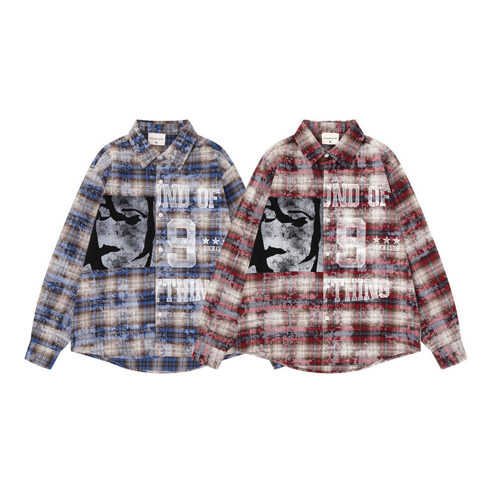 Front view of two plaid long sleeve shirts in blue and red with large abstract graphic print