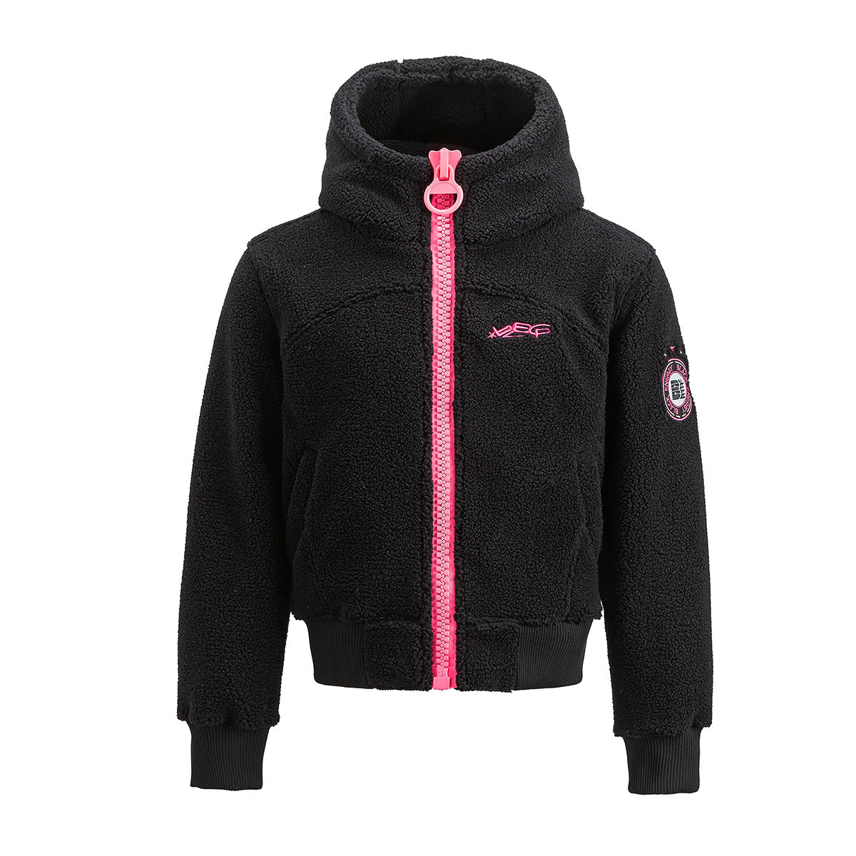 Sherpa Fleece Zip-Up Hoodie Jacket – Varsity Embroidered Teddy Coat