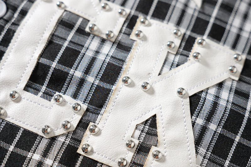 Designer Long Sleeve Shirt – Plaid Studded 'LUCK' Star Graphic, Relaxed Fit